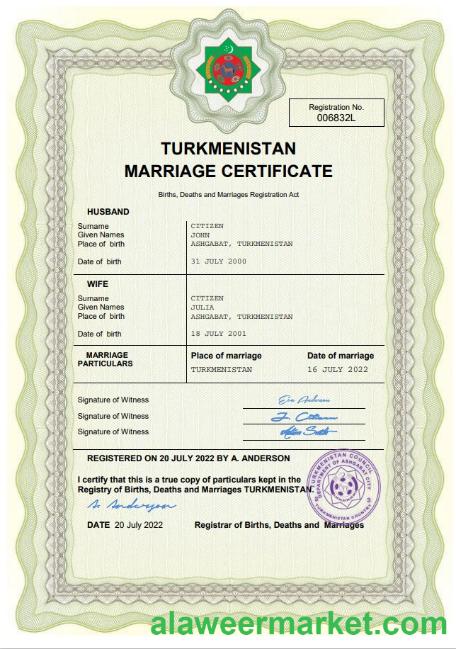 Turkmenistan marriage certificate Word and PDF template